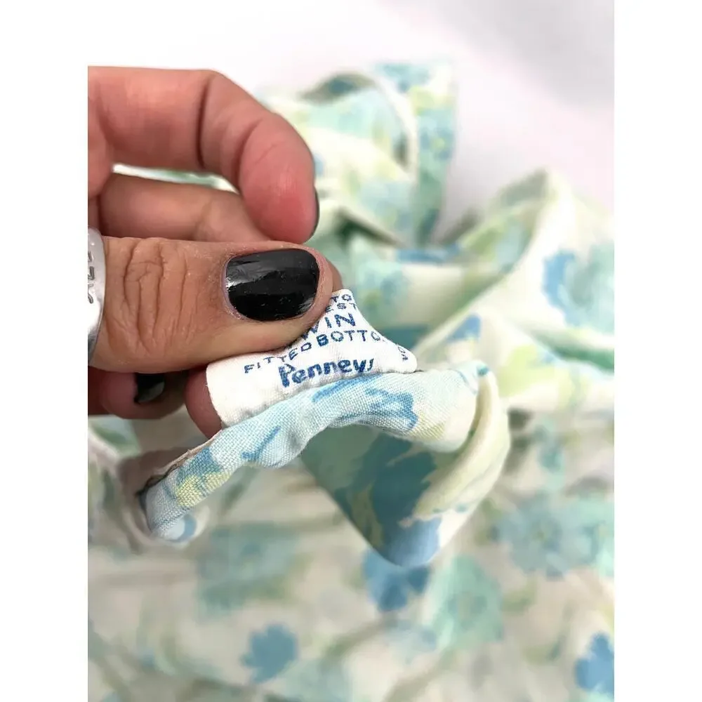 VTG‎ 1970's Flowers Fashion Manor Blue Floral Twin Fitted Sheet MCM Penn-Prest